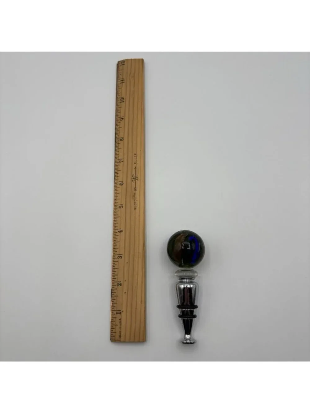 Art Glass Wine Bottle Stopper Topper Green Ball Glossy Bubbles Gold Blue Striped